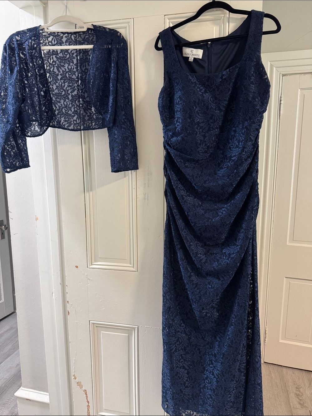 Oleg Cassini Navy Lace Maxi Dress with Matching Lace Bolero